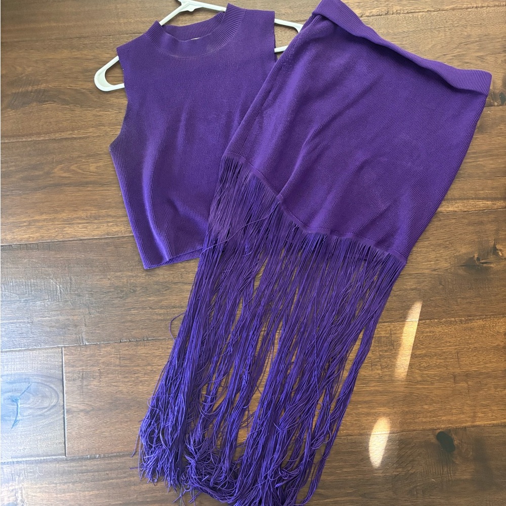 Vibrant Purple Knit Skirt Set with Fringe